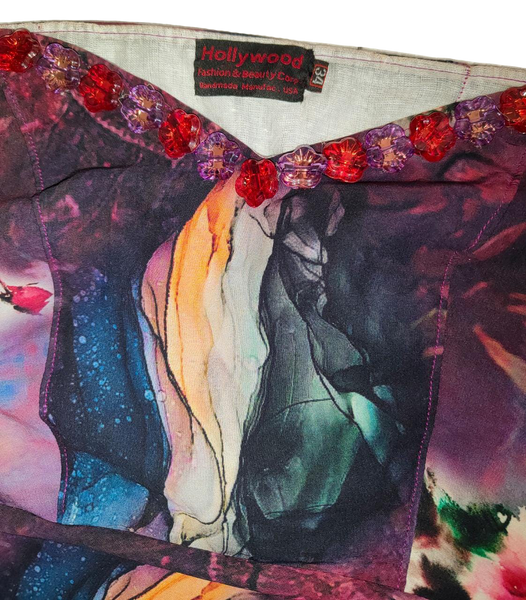 Colorful fabric with floral patterns and a 'Hollywood' label.