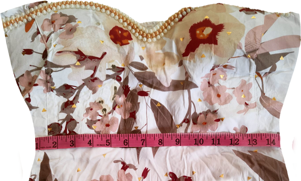 Off Shoulder V Neck Off White Floral Pattern & Pearl Embellishment