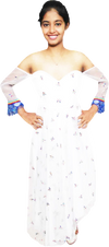 White off-shoulder dress with colorful arm sleeves white beaded floral on a white background