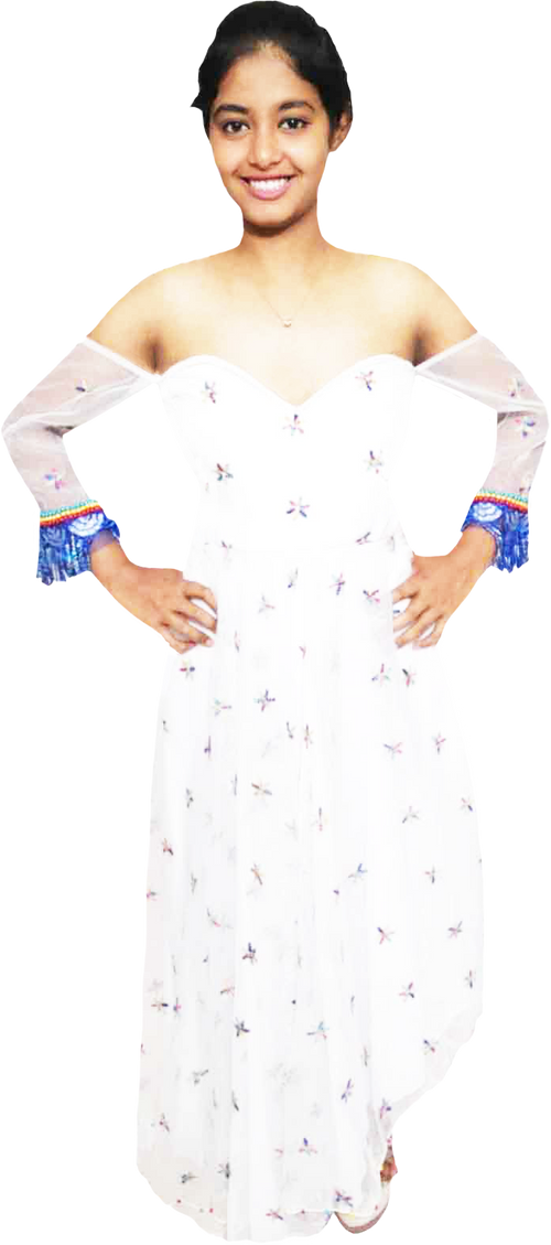 White off-shoulder dress with colorful arm sleeves white beaded floral on a white background