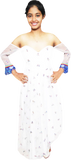 White off-shoulder dress with colorful arm sleeves white beaded floral on a white background