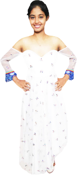 White off-shoulder dress with colorful arm sleeves white beaded floral on a white background