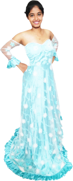 Off Shoulder Light Blue Floral Embroidery Beaded Gown