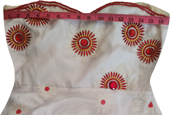 Off Shoulder White & Red Matching Crystal & Pearl Beaded Floral Embellishment