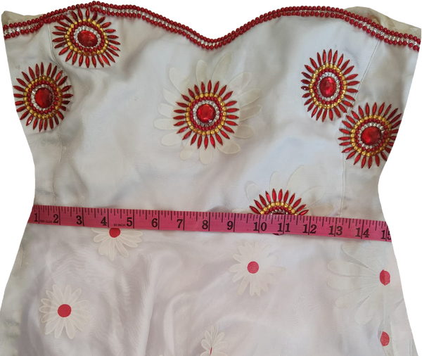 Off Shoulder White & Red Matching Crystal & Pearl Beaded Floral Embellishment