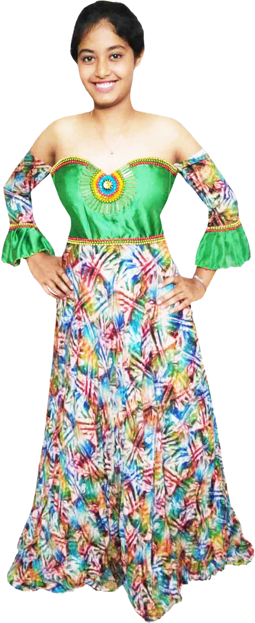 Matching colorful traditional beaded handmade decorative Artful design outfit with a green top and multicolor skirt.