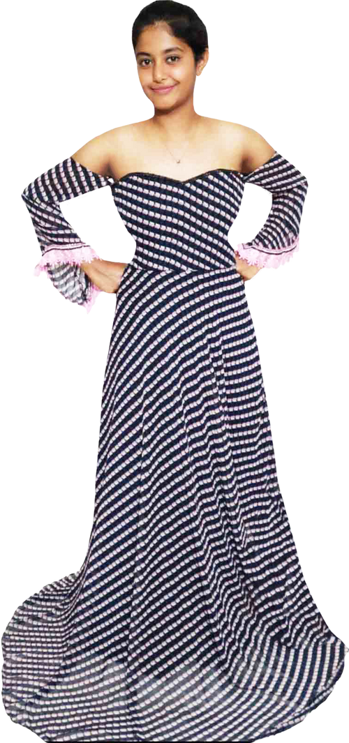 Off-Shoulder Black And Pink Striped  On A White Back Ground