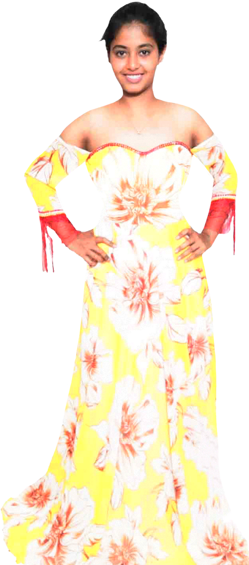 Off Shoulder Floral Yellow And Red Printed Gown With Red Beaded Trim