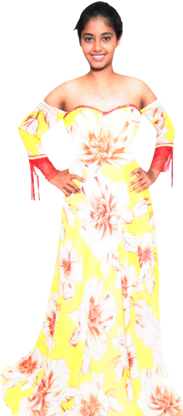 Off Shoulder Floral Yellow And Red Printed Gown With Red Beaded Trim