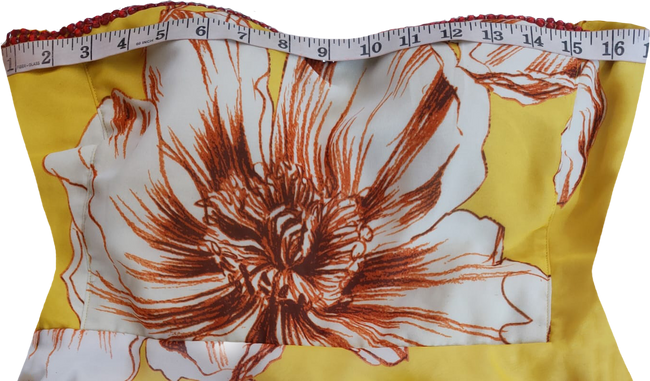 Off Shoulder Floral Yellow And Red Printed Gown With Red Beaded Trim