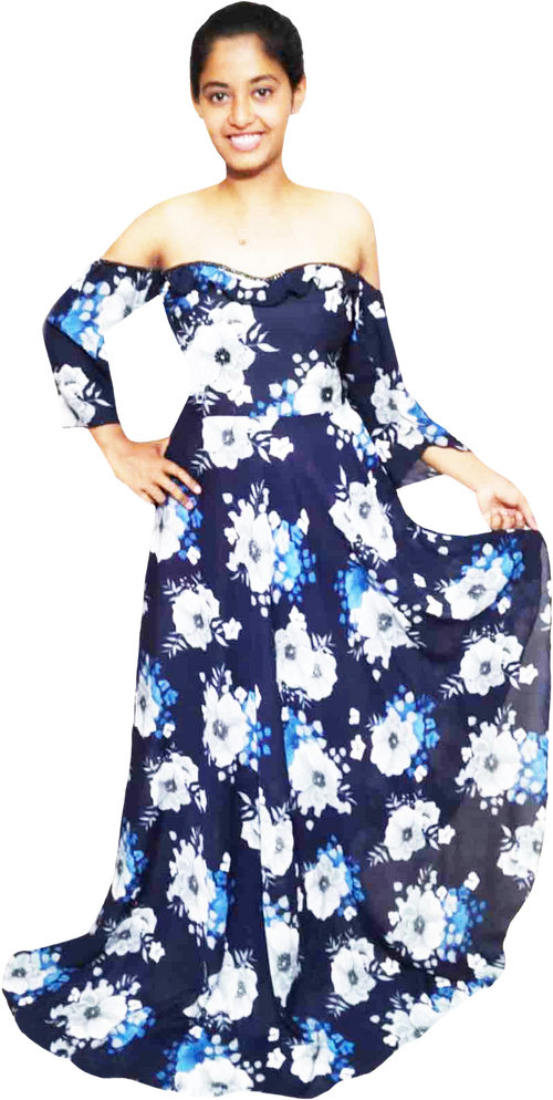 White & Blue Floral Off-Shoulder Exclusive Beaded Accomplishment