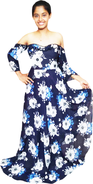 White & Blue Floral Off-Shoulder Exclusive Beaded Accomplishment