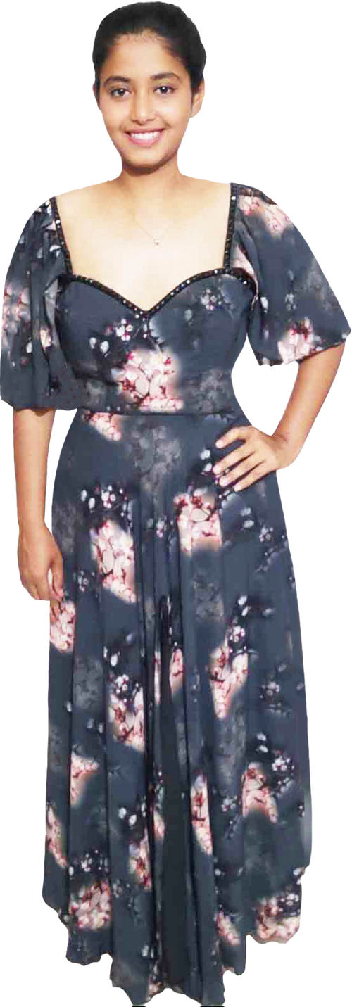 V Neck Half Sleeve  Floral Black Beaded Cherry Blossom Design Dress