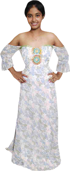 Off Shoulder Handmade Beaded Decorative Floral Design On Printed Apparel