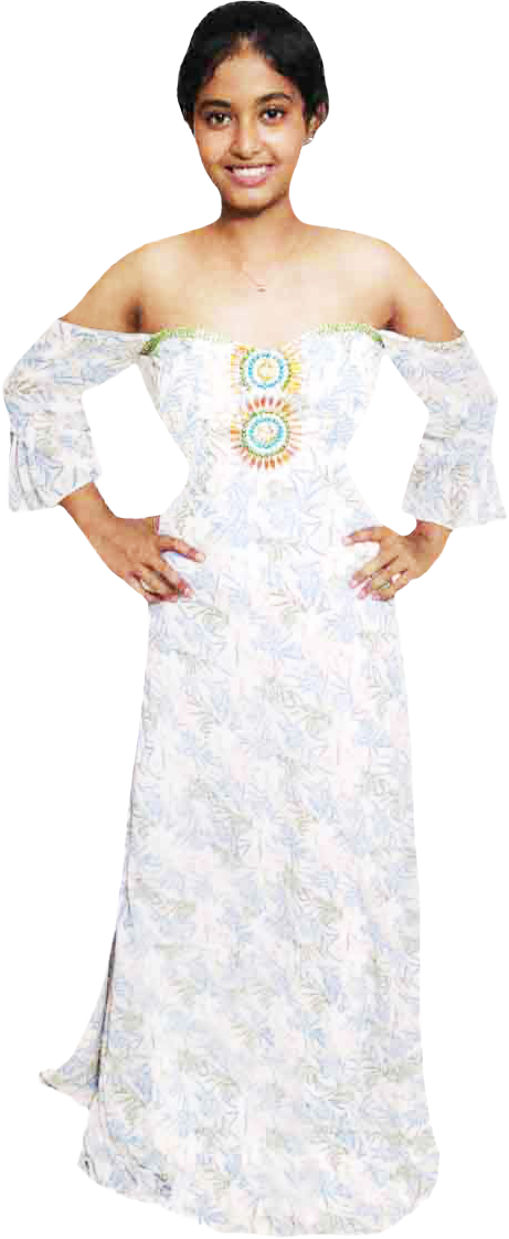 Off Shoulder Handmade Beaded Decorative Floral Design On Printed Apparel