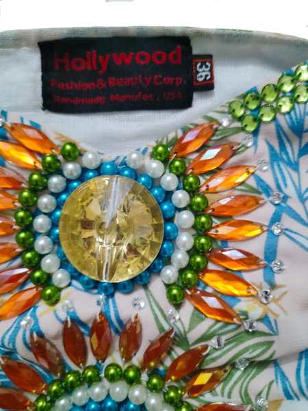 Off Shoulder Handmade Beaded Decorative Floral Design On Printed Apparel