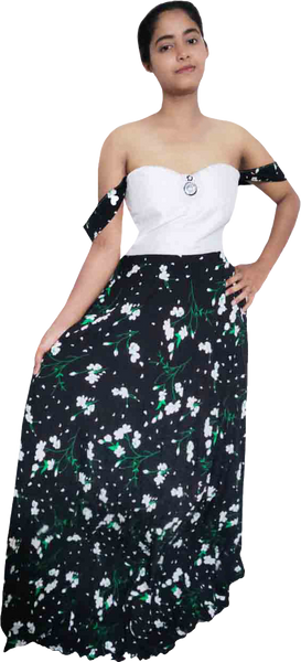 Off Shoulder White Top Floral Design Printed Skirt.