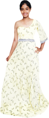 One Shoulder Yellow Beaded Butter Fly Design With Matching Lace.