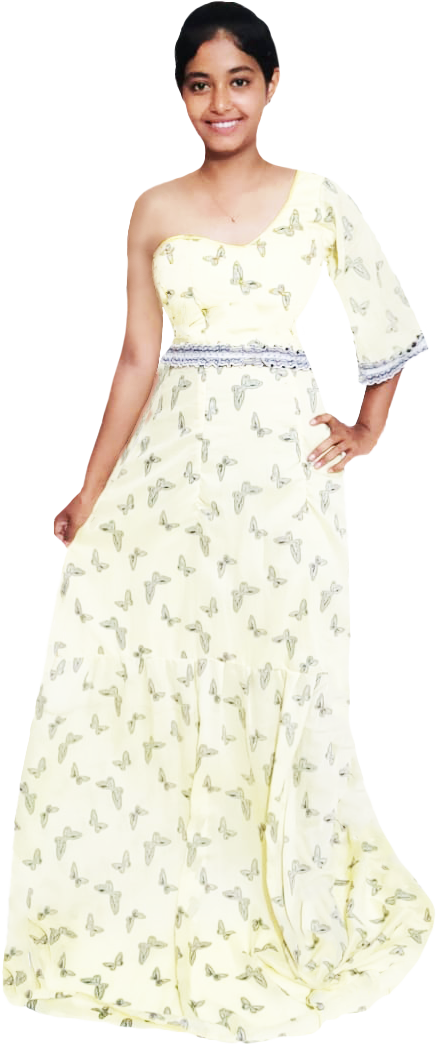 One Shoulder Yellow Beaded Butter Fly Design With Matching Lace.