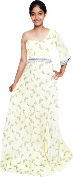 One Shoulder Yellow Beaded Butter Fly Design With Matching Lace.