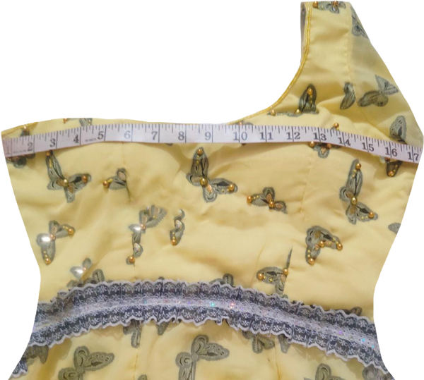 One Shoulder Yellow Beaded Butter Fly Design With Matching Lace.