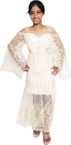 Gold Sheer Sleeves Embroidered With Sequin Decorative Beaded Evening Apparel