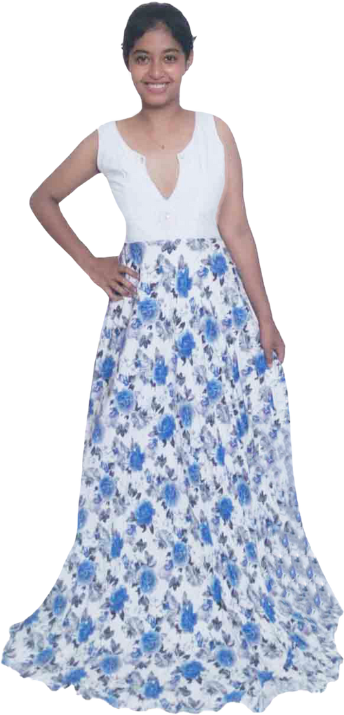 White Top Floral Blue Pearl Beaded Long Width Embellishment