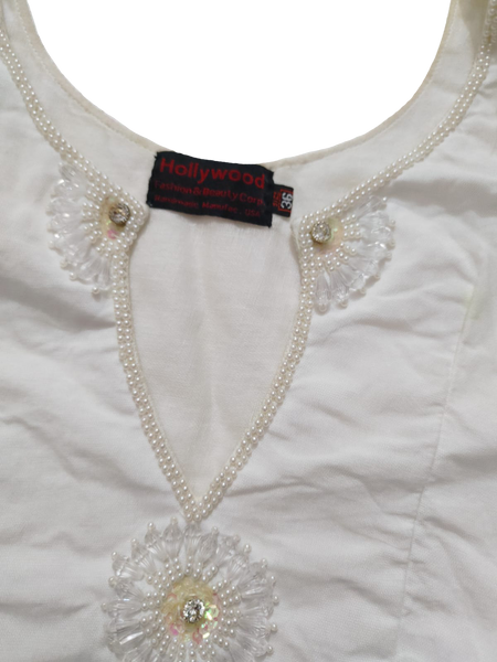 White Top Floral Blue Pearl Beaded Long Width Embellishment