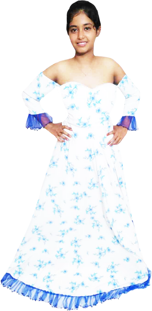 Off Shoulder Arm Sleeve Floral Matching Blue Lace White Background