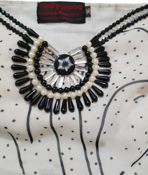 Off Shoulder Hand Stitched Artful Matching Black & White Beaded Decorative Handmade Flower