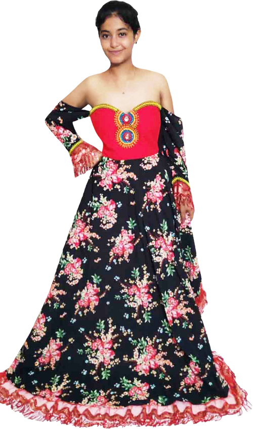 Off Shoulder Floral Design Handmade Decorative Colorful Beads,  Stones And Matching Lace  on a red fabric background,