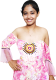 Woman wearing a pink floral off-shoulder dress with a white background