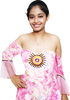 Woman wearing a pink floral off-shoulder dress with a white background