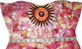 A woman wearing an off-shoulder pink gown Handmade beaded decorative with white patterns and beaded details.