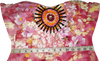 A woman wearing an off-shoulder pink gown Handmade beaded decorative with white patterns and beaded details.