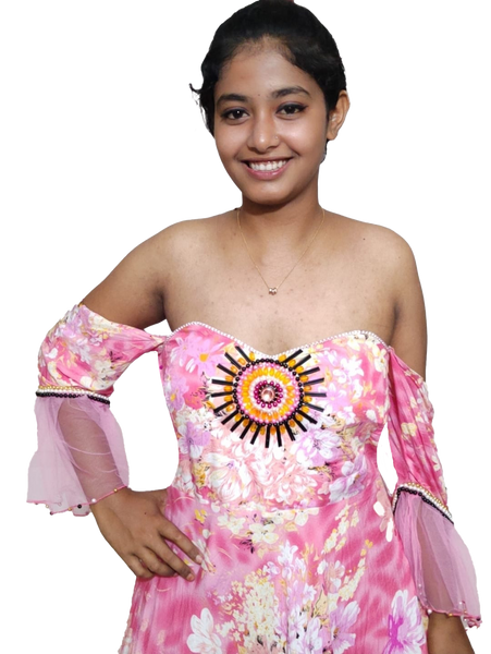 Printed Pink White Handstitched Beaded Gown
