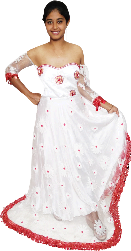 Off Shoulder White & Red Matching Crystal & Pearl Beaded Floral Embellishment