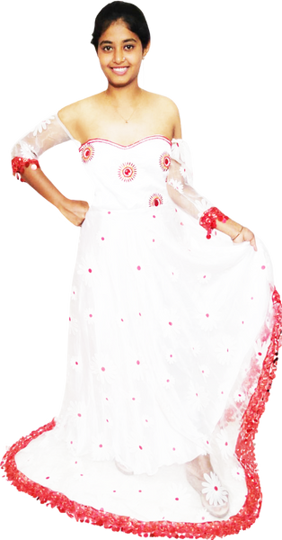 Off Shoulder White & Red Matching Crystal & Pearl Beaded Floral Embellishment