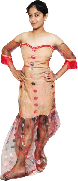 Off Shoulder Traditional Outfit With A Beige Red & Gold Beaded Top And Colorful Skirt