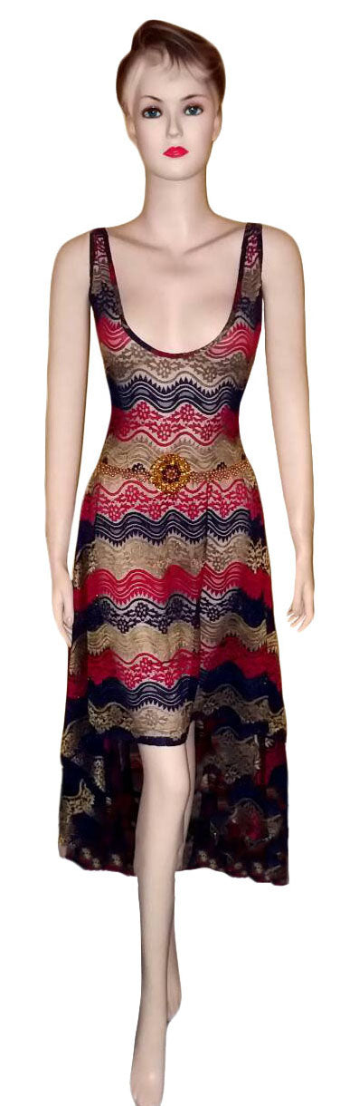 Deep U Neck Beaded Printed Dress. Medium.