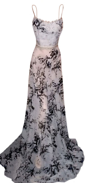 Black & White Pearl Beaded Floral Designer Chiffon Gown. Medium