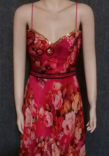 Sleeveless Crystal & Pearl Beaded Printed Silk Dress. Medium