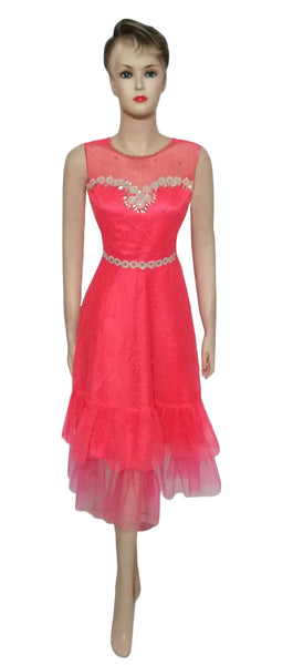 Sleeveless Pearl & Crystal Beaded Sateen Silk Net Midi. Medium