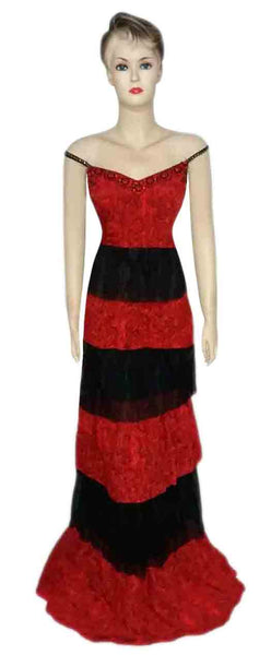 Sleeveless Black & Red Crystal & Pearl Beaded Gown. Medium.
