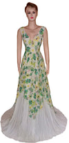 Crystal Beaded Printed Sateen Chiffon Gown. Medium