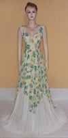 Crystal Beaded Printed Sateen Chiffon Gown. Medium