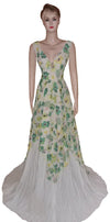 Crystal Beaded Printed Sateen Chiffon Gown. Medium