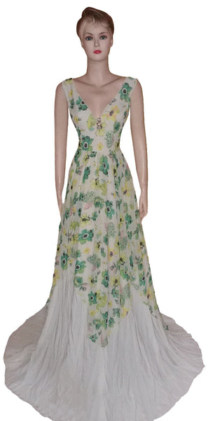 Crystal Beaded Printed Sateen Chiffon Gown. Medium