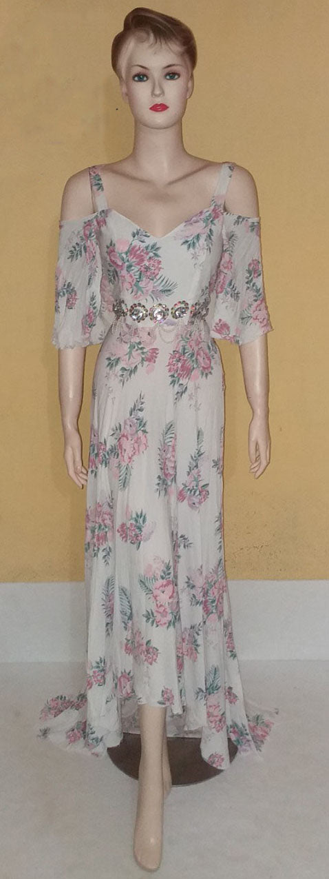 Crystal Beaded Designer Belt Floral Gown. Medium