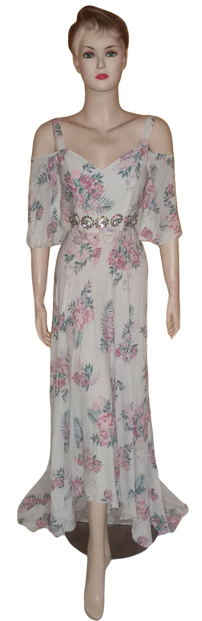 Crystal Beaded Designer Belt Floral Gown. Medium